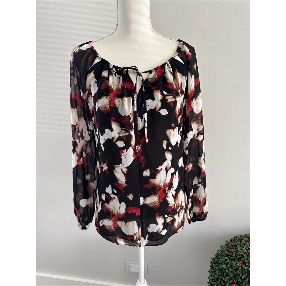 White House Black Market Women's Black Floral Lantern Long Sleeve Blouse Size 2